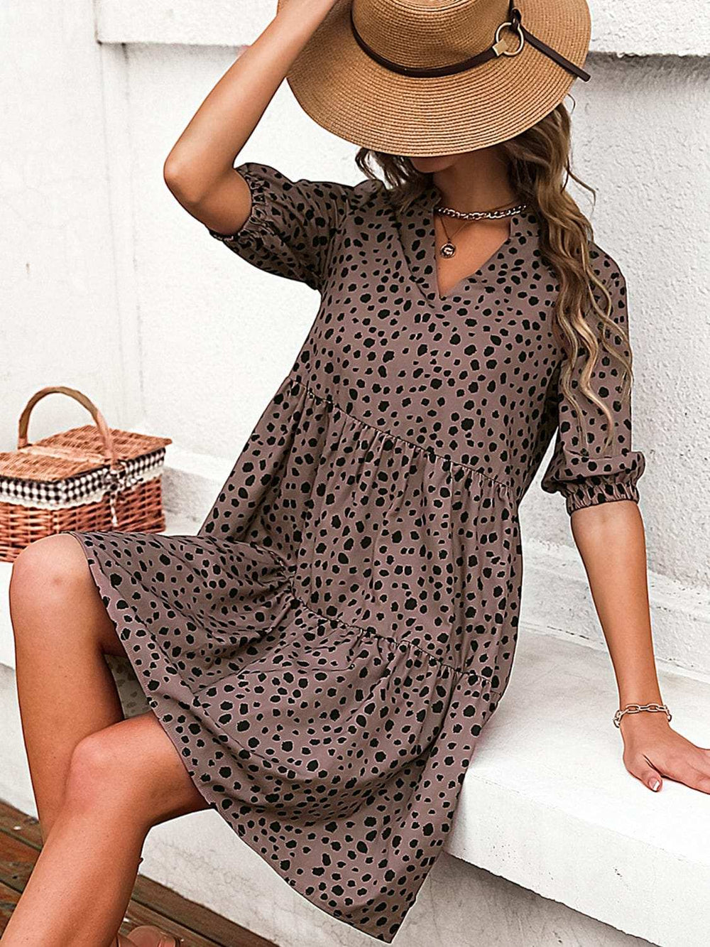 Printed Notched Half Sleeve Dress - Trendsi - Flyclothing LLC
