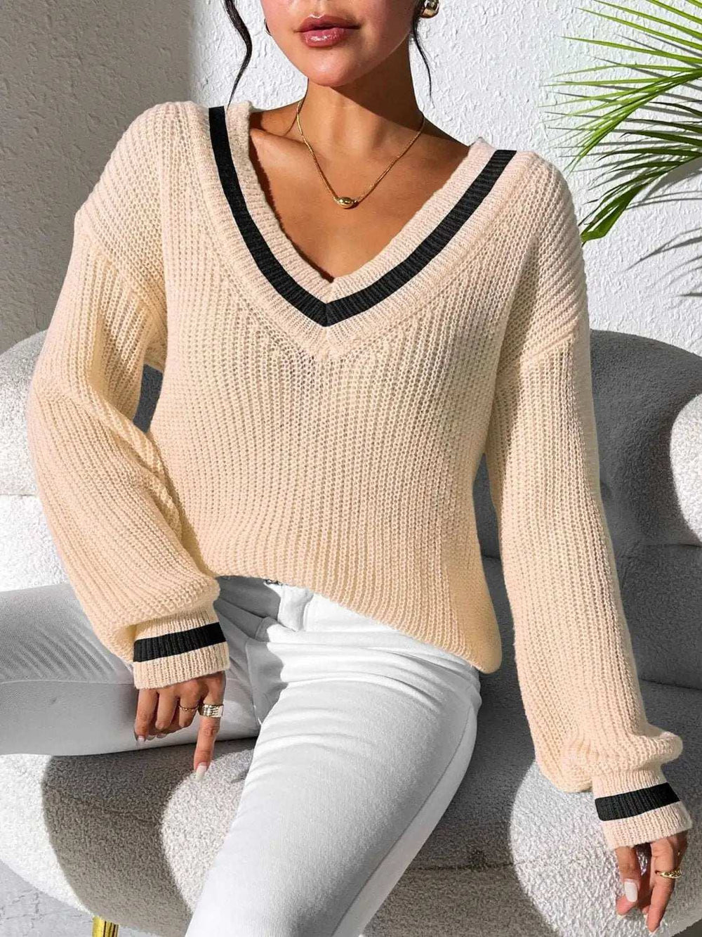 Contrast Trim V-Neck Long Sleeve Sweater - Trendsi - Flyclothing LLC