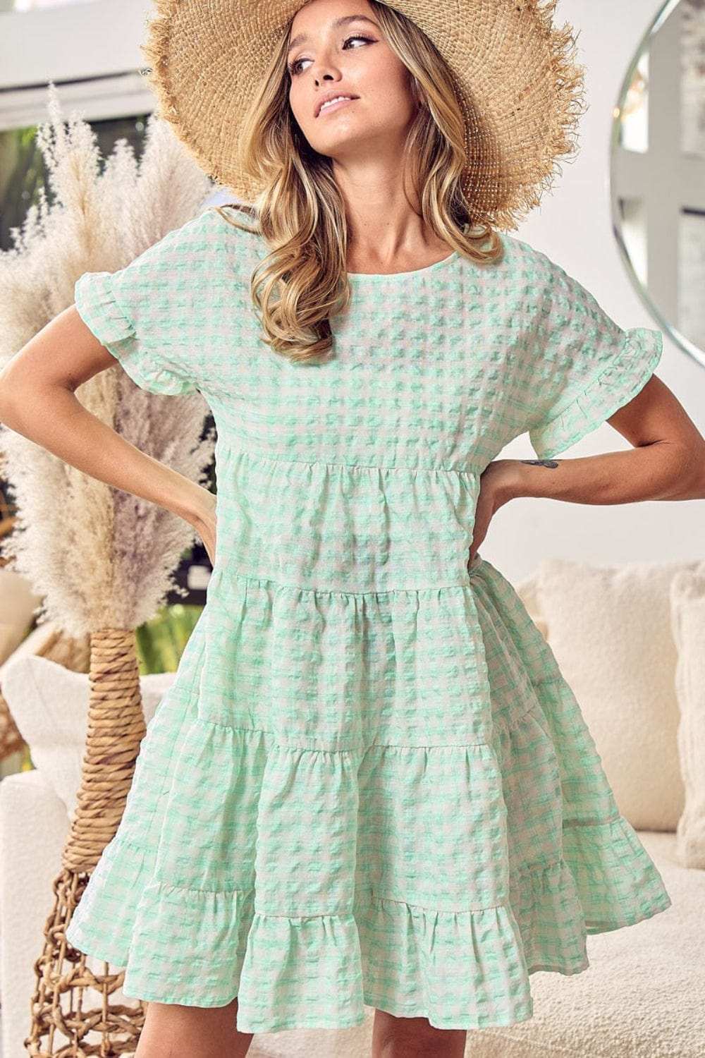 BiBi Ruffled Hem Short Sleeve Tiered Dress - Trendsi - Flyclothing LLC