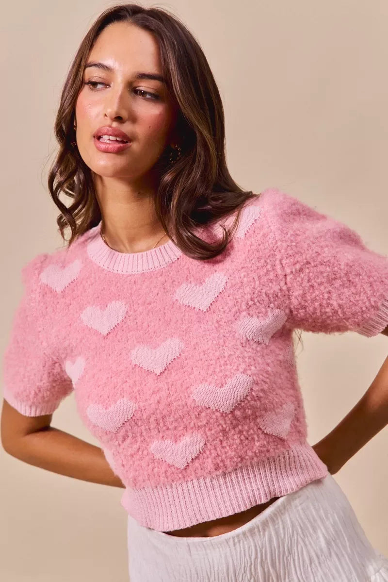 SO ME All Over Heart Valentine Cropped Sweater - Trendsi - Flyclothing LLC