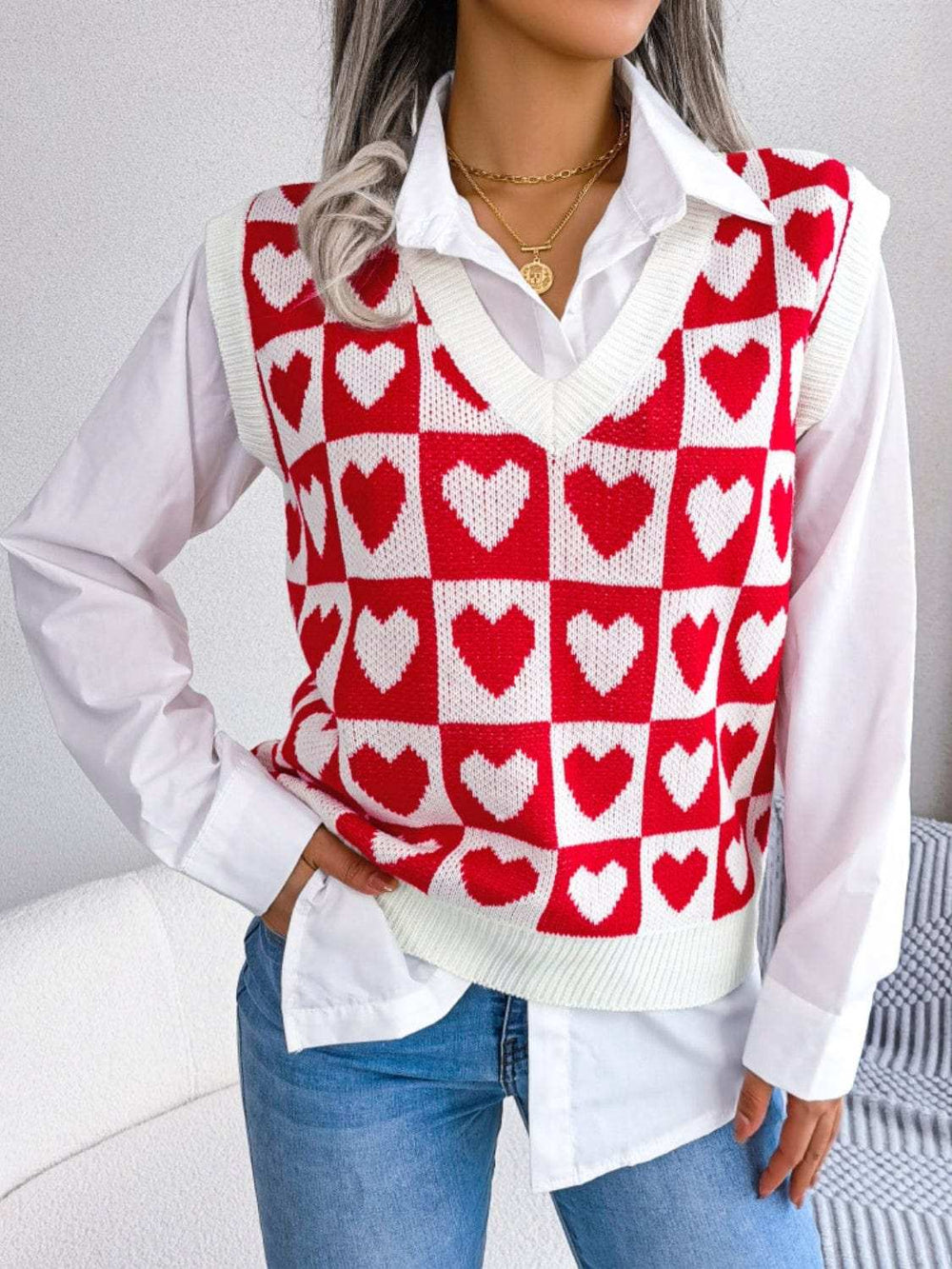 Heart V-Neck Sweater Vest - Trendsi - Flyclothing LLC
