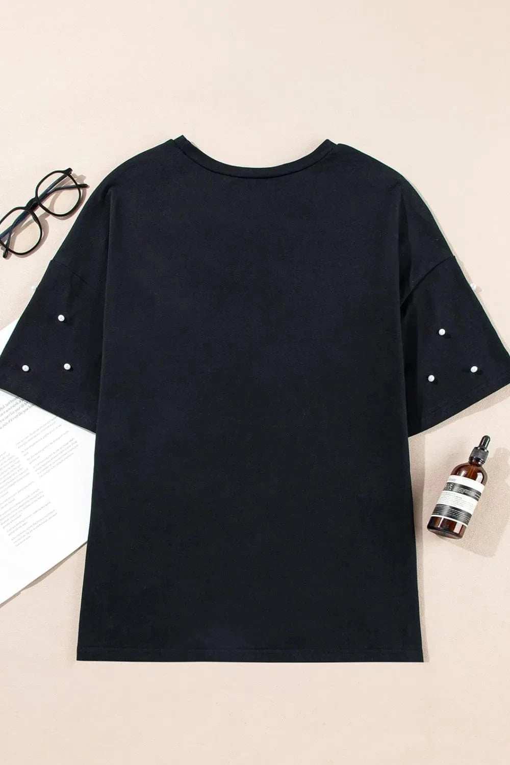 Pearl Beaded Round Neck Half Sleeve T Shirt - Trendsi - Flyclothing LLC