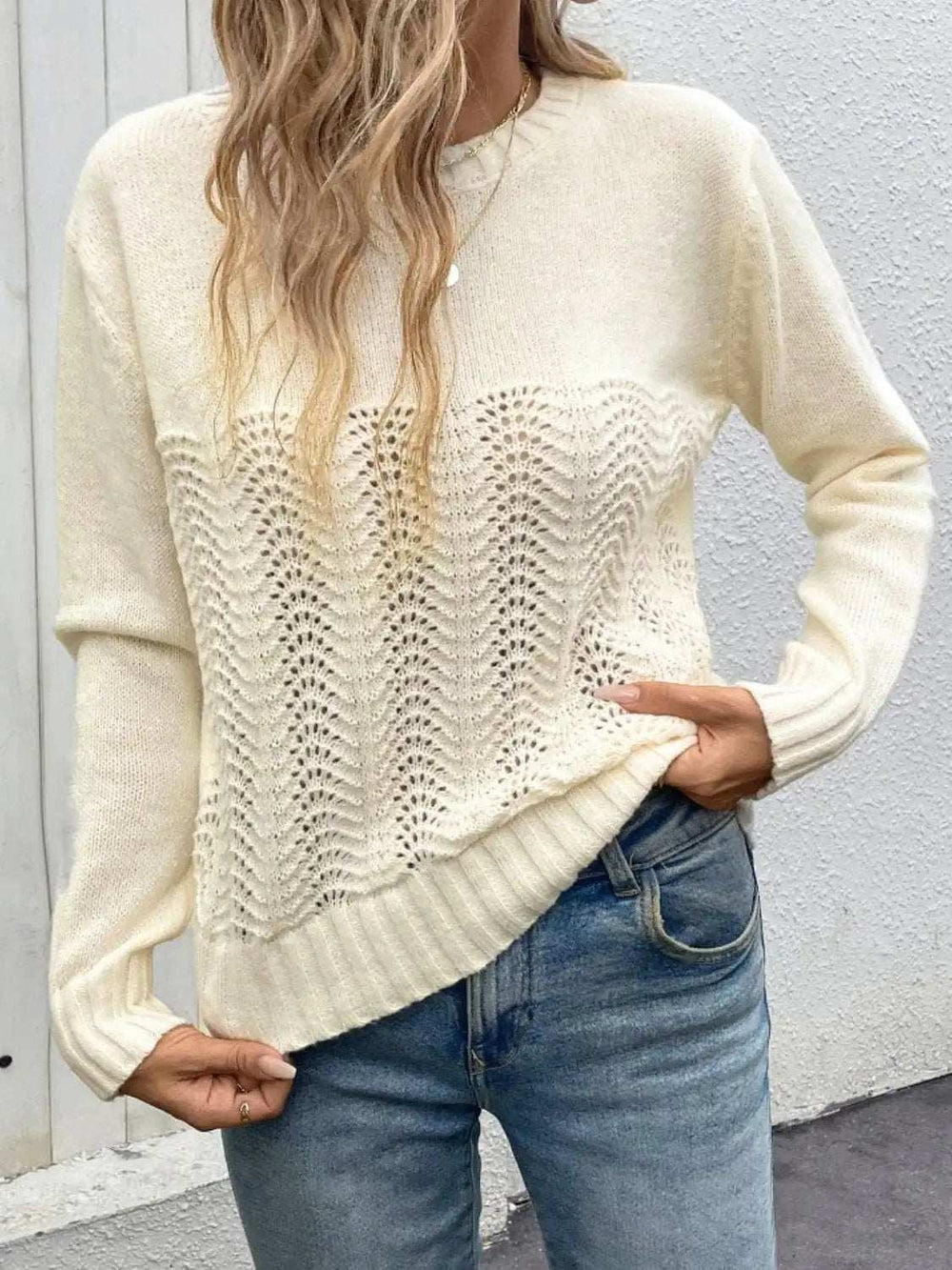 Openwork Round Neck Long Sleeve Sweater - Trendsi - Flyclothing LLC