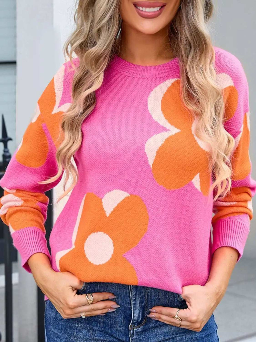 Angel Wings Flower Round Neck Long Sleeve Sweater - Trendsi - Flyclothing LLC