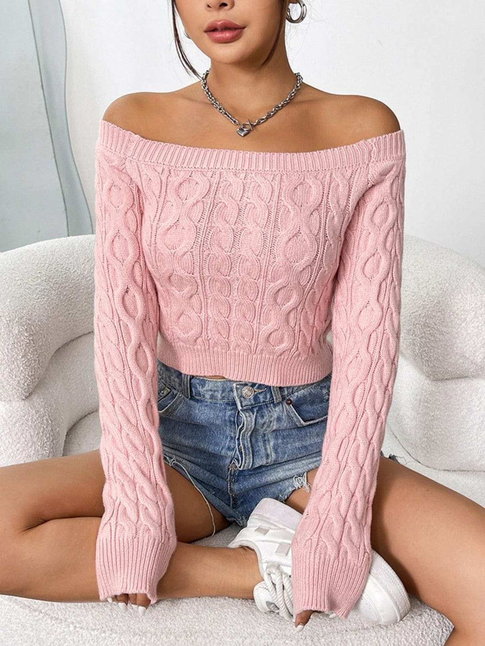 Cable-Knit Off-Shoulder Long Sleeve Knit Top - Trendsi - Flyclothing LLC