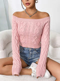 Cable-Knit Off-Shoulder Long Sleeve Knit Top - Trendsi - Flyclothing LLC