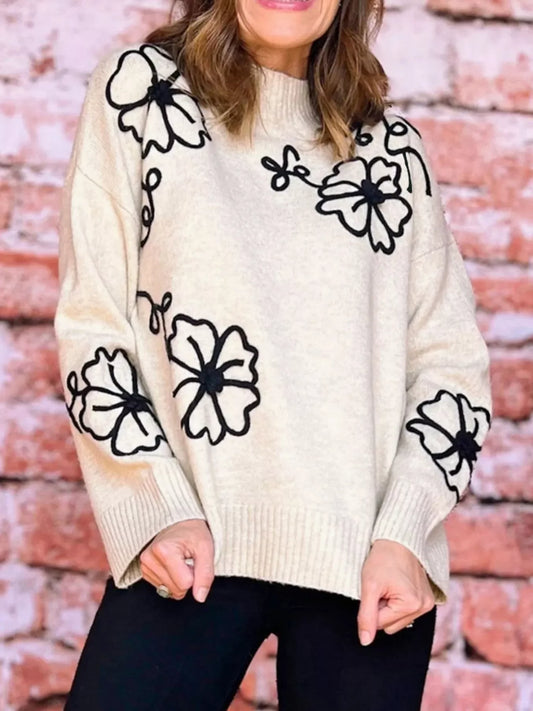 Flower Stitching Mock Neck Sweater - Trendsi - Flyclothing LLC
