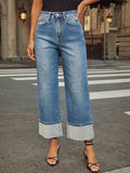 High Waisted Straight Leg Rolled Jeans - Trendsi - Flyclothing LLC