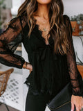 Lace Detail Plunge Long Sleeve Blouse - Trendsi - Flyclothing LLC