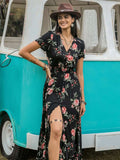 Split Printed V-Neck Short Sleeve Dress - Trendsi - Flyclothing LLC