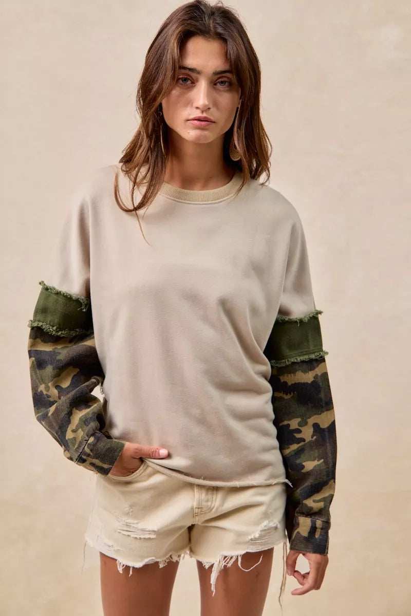 BiBi Camo Sleeve French Terry Top with Frayed Edge - Trendsi - Flyclothing LLC