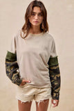 BiBi Camo Sleeve French Terry Top with Frayed Edge - Trendsi - Flyclothing LLC