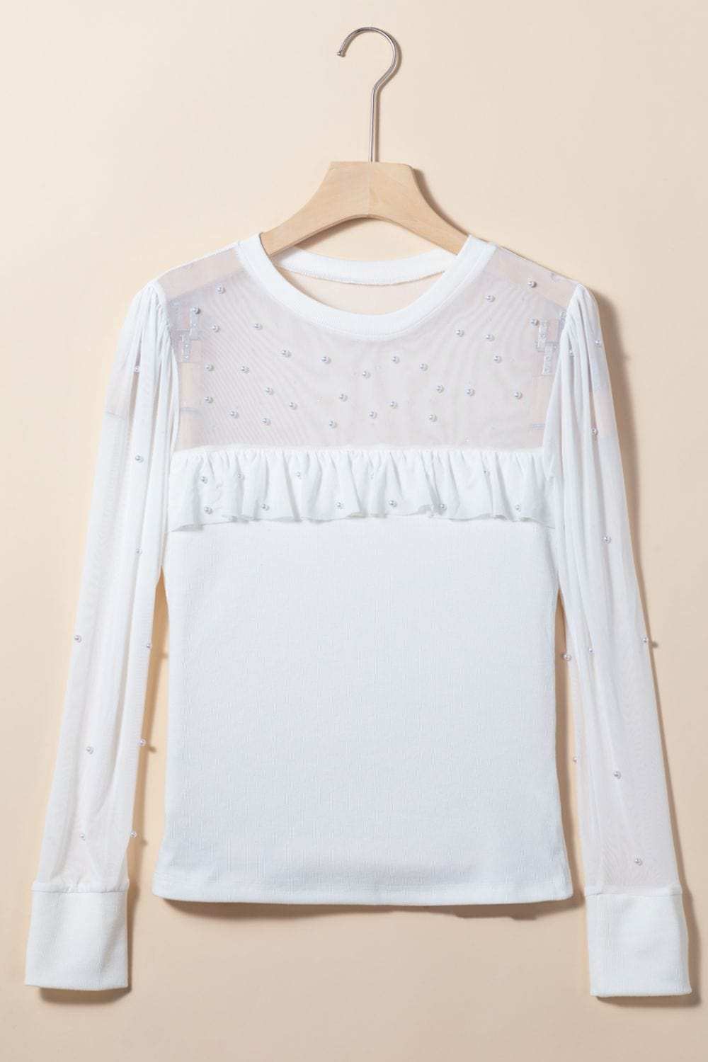 Pearl Decor Mesh Patchwork Ribbed Long Sleeve Top - Trendsi - Flyclothing LLC
