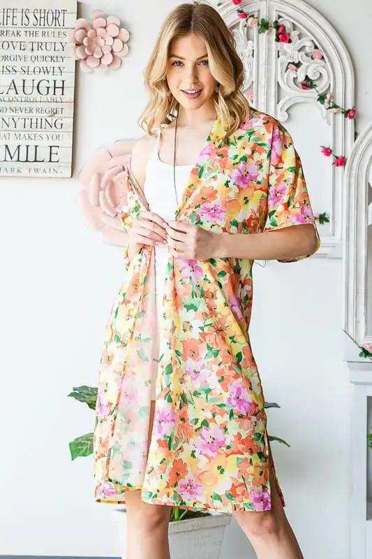 Heimish Full Size Half Sleeve Multi Color Floral Open Cardigan Plus Size - Trendsi - Flyclothing LLC