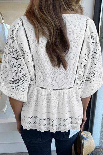 Lace Crochet Hollowed Scallop Hem V Neck Blouse - Trendsi - Flyclothing LLC