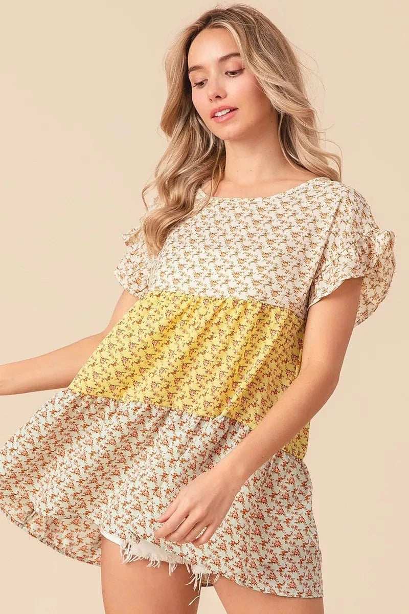 BiBi Flroal Printed Woven Color Block and Tiered Top - Trendsi - Flyclothing LLC