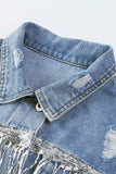 Sequin Fringe Trim Distressed Button Up Denim Jacket - Trendsi - Flyclothing LLC