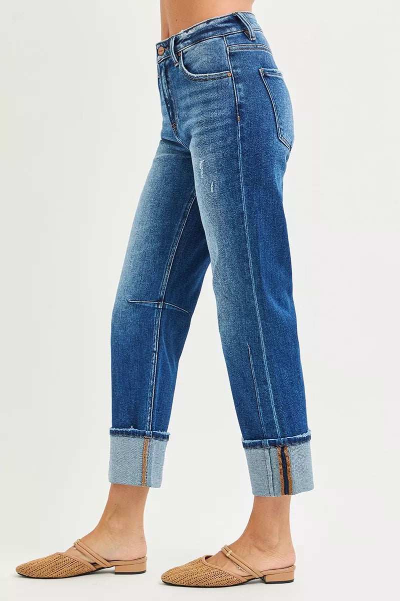 RISEN High Rise Straight Jeans with Distressed Hem - Trendsi - Flyclothing LLC