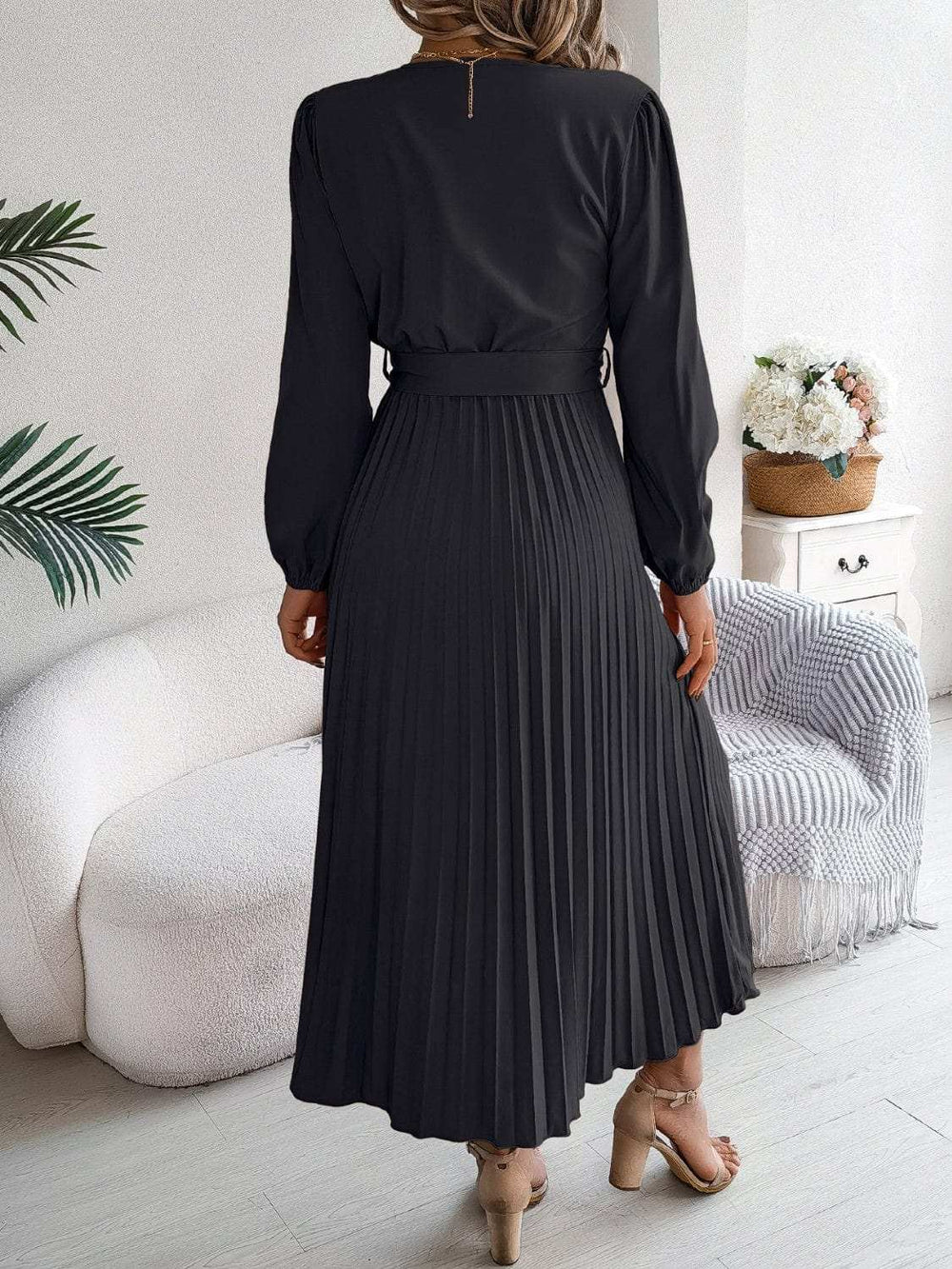Pleated Tied V-Neck Long Sleeve Dress - Trendsi - Flyclothing LLC