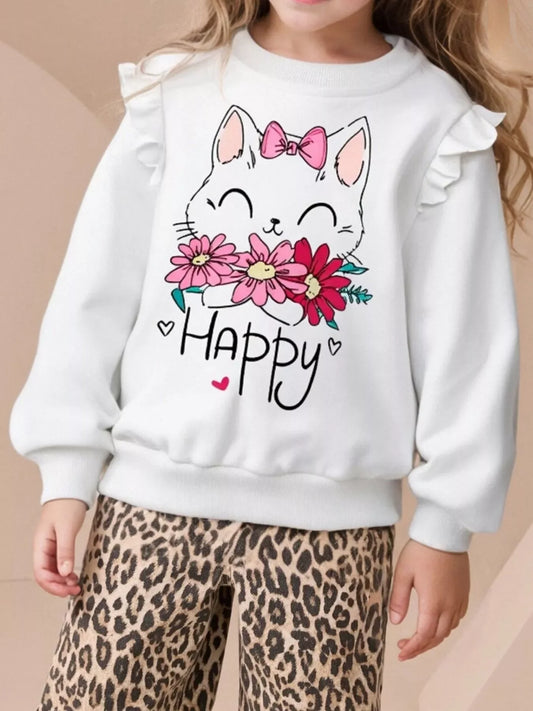 Children's Cat Graphic Ruffle Sleeve Sweatshirt - Trendsi - Flyclothing LLC