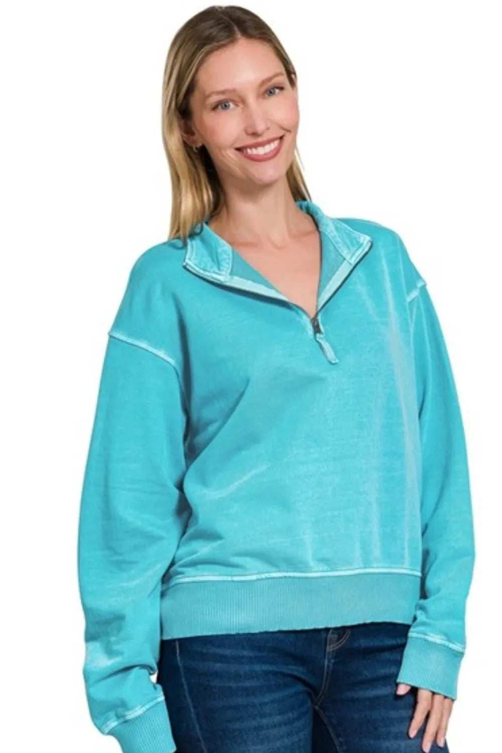 Zenana F/terry Pigment Dye & Enzyme Washing Half Zip Top - Trendsi - Flyclothing LLC