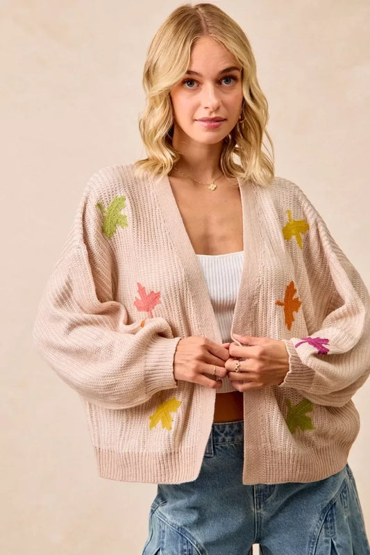 BiBi Two Tone Knit Cardigan with Leaf Patches - Trendsi - Flyclothing LLC