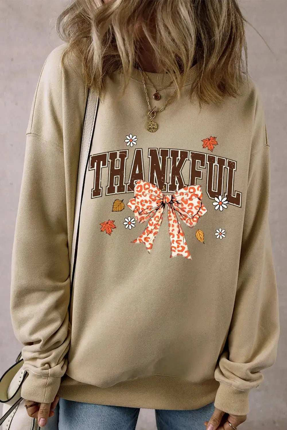 THANKFUL Bow Round Neck Long Sleeve Sweatshirt - Trendsi - Flyclothing LLC