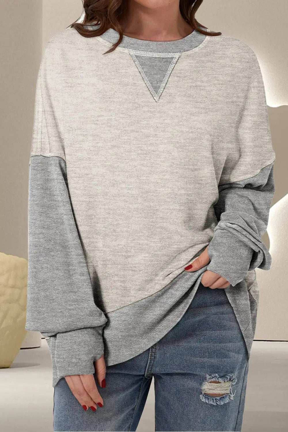Contrast Round Neck Long Sleeve Sweatshirt - Trendsi - Flyclothing LLC