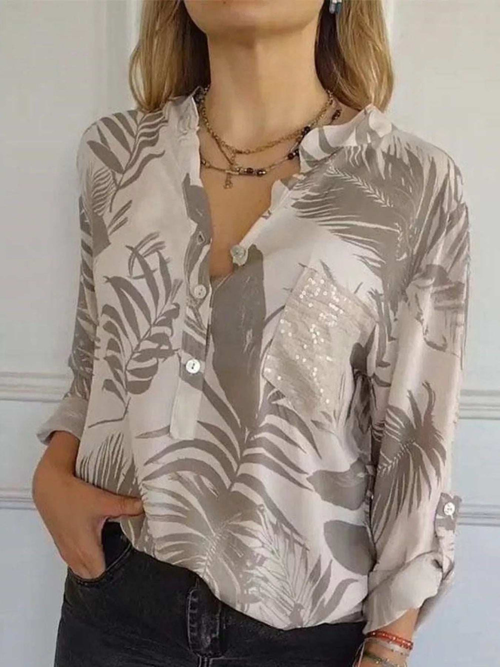 Full Size Printed Button Detail Long Sleeve Blouse Plus Size - Trendsi - Flyclothing LLC