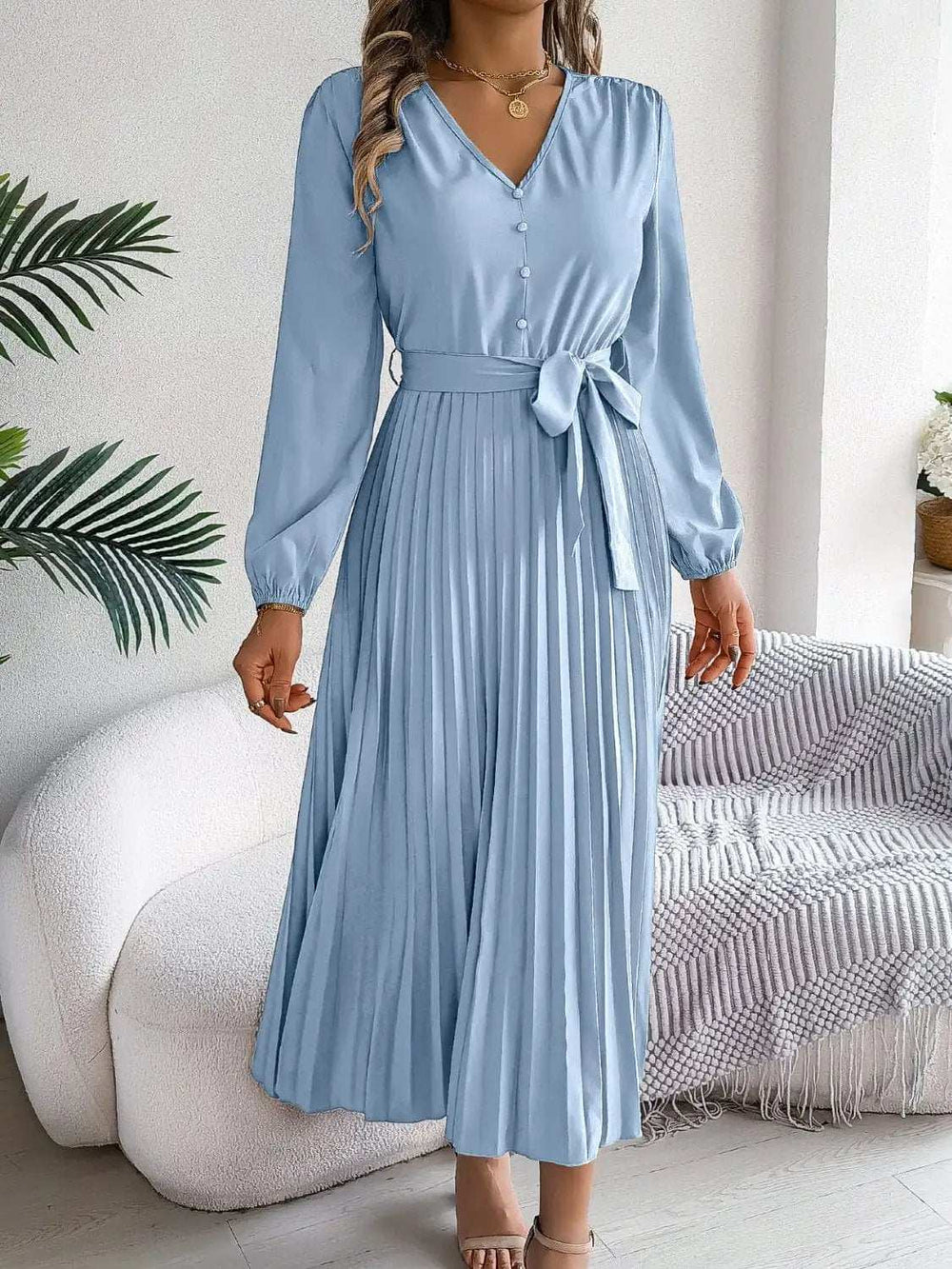 Pleated Tied V-Neck Long Sleeve Dress - Trendsi - Flyclothing LLC