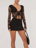 Tied Plunge Long Sleeve Lace Cropped Shirt - Trendsi - Flyclothing LLC