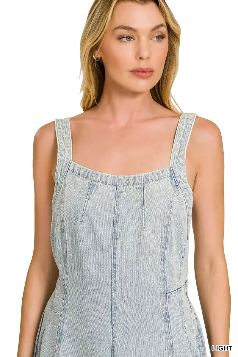 Zenana Denim Light Washed Wide Leg Overalls - Trendsi - Flyclothing LLC