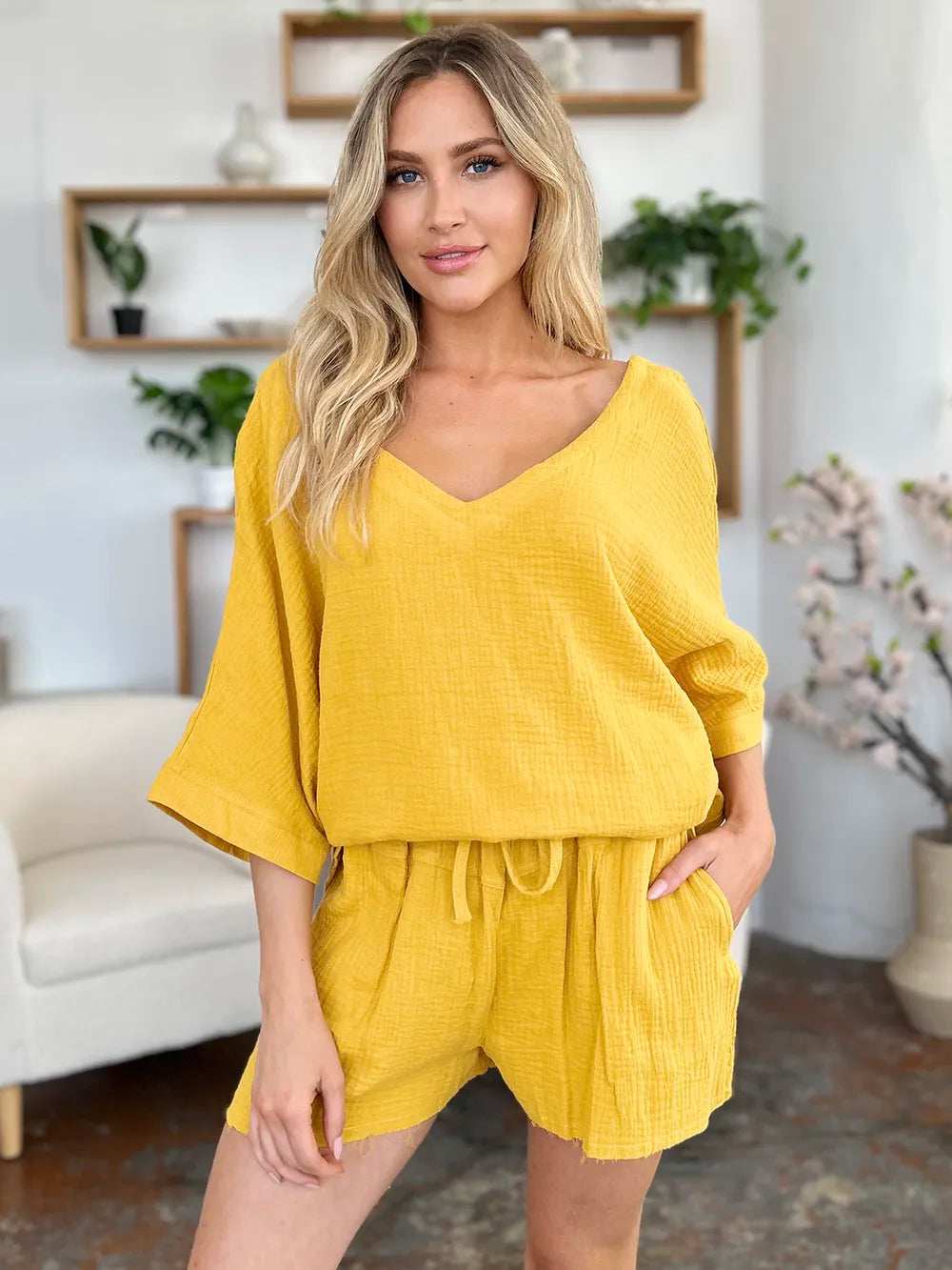 Double Take Texture Half Sleeve T-Shirt and Drawstring Shorts Set - Trendsi - Flyclothing LLC