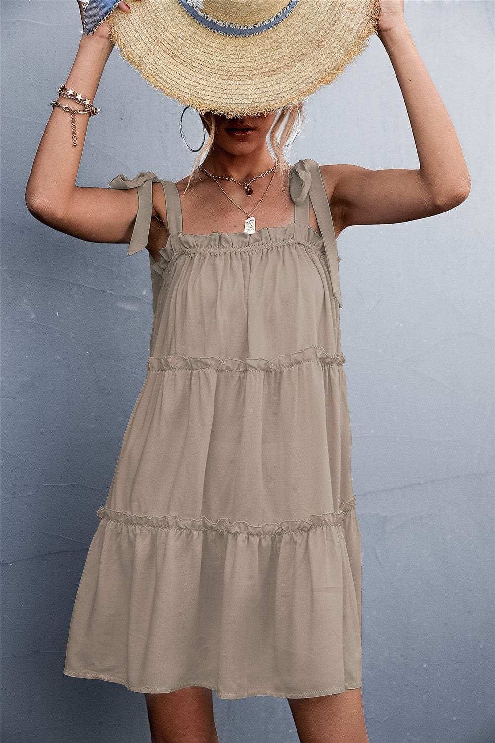 Frill Tiered Tie Shoulder Mini Cami Dress - Trendsi - Flyclothing LLC