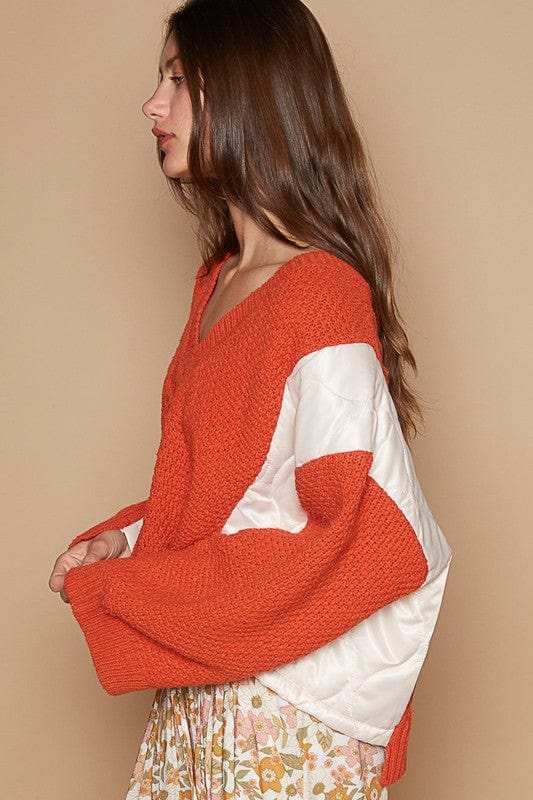 POL Cable Knit Quilting Patch V-Neck Contrast Sweater - Trendsi - Flyclothing LLC