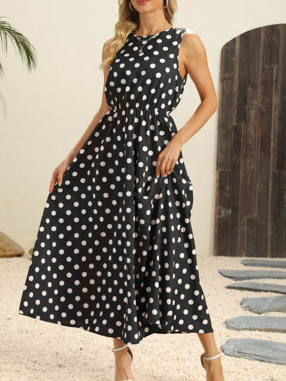 Polka Dot Round Neck Sleeveless Midi Dress - Trendsi - Flyclothing LLC
