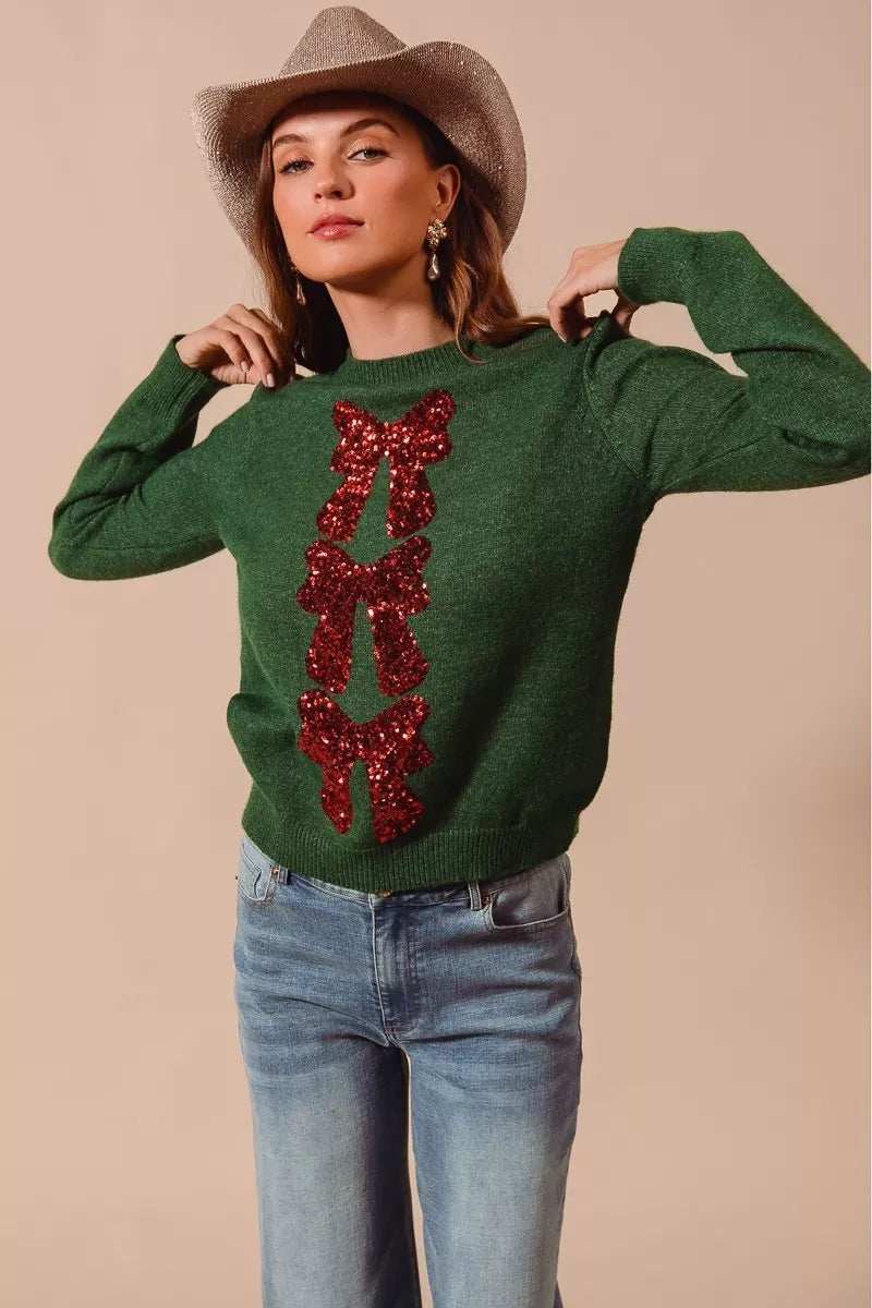 SO ME Sequins Bow Ribbon Embellished Christmas Sweater - Trendsi - Flyclothing LLC