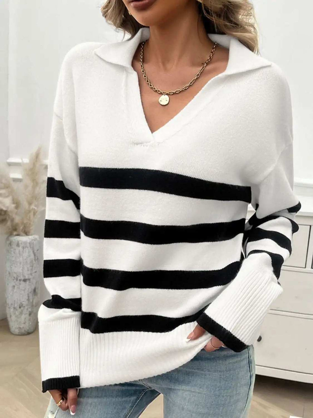 Striped Collared Neck Long Sleeve Sweater - Trendsi - Flyclothing LLC