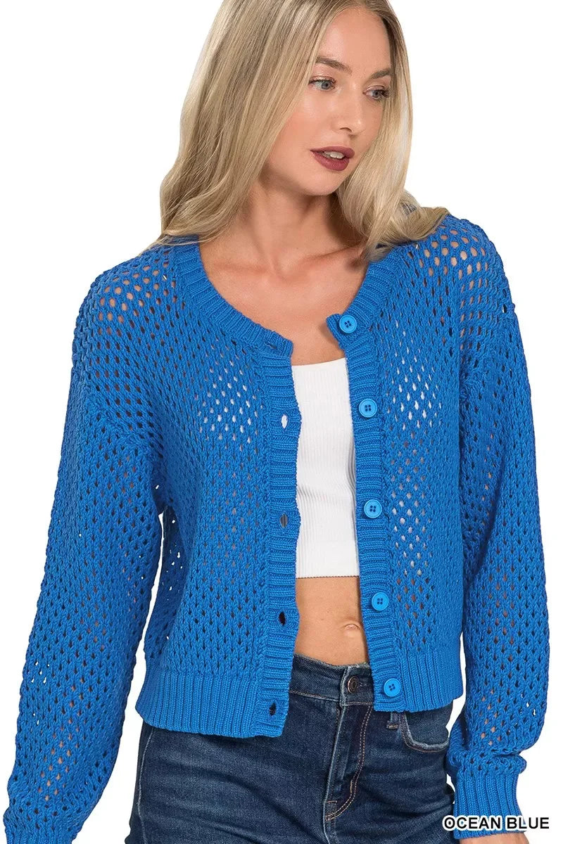 Zenana Button Down Lightweight Crochet Cardigan Sweater - Trendsi - Flyclothing LLC