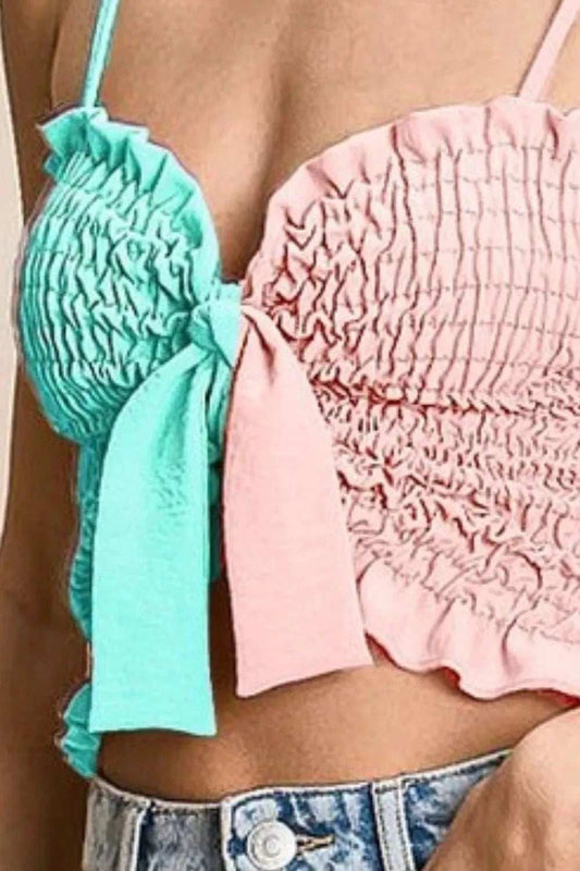 BiBi Woven Color Block Smocked with Ribbon Bra Top - Trendsi - Flyclothing LLC