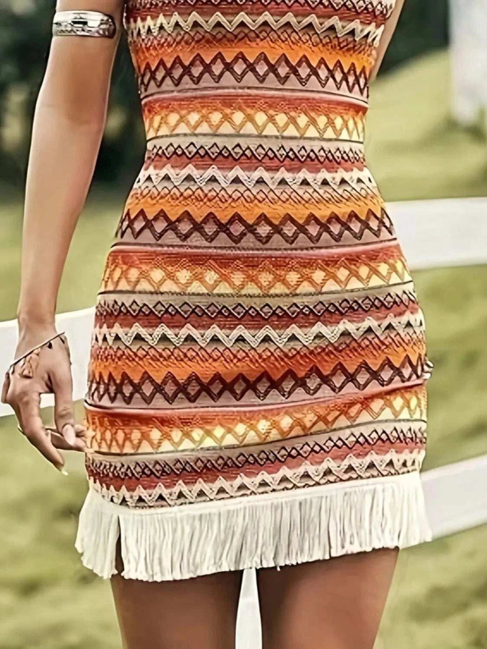 Full Size Fringe Grecian Neck Mini Dress Plus Size - Trendsi - Flyclothing LLC