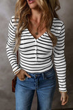Striped V-Neck Long Sleeve Top - Trendsi - Flyclothing LLC