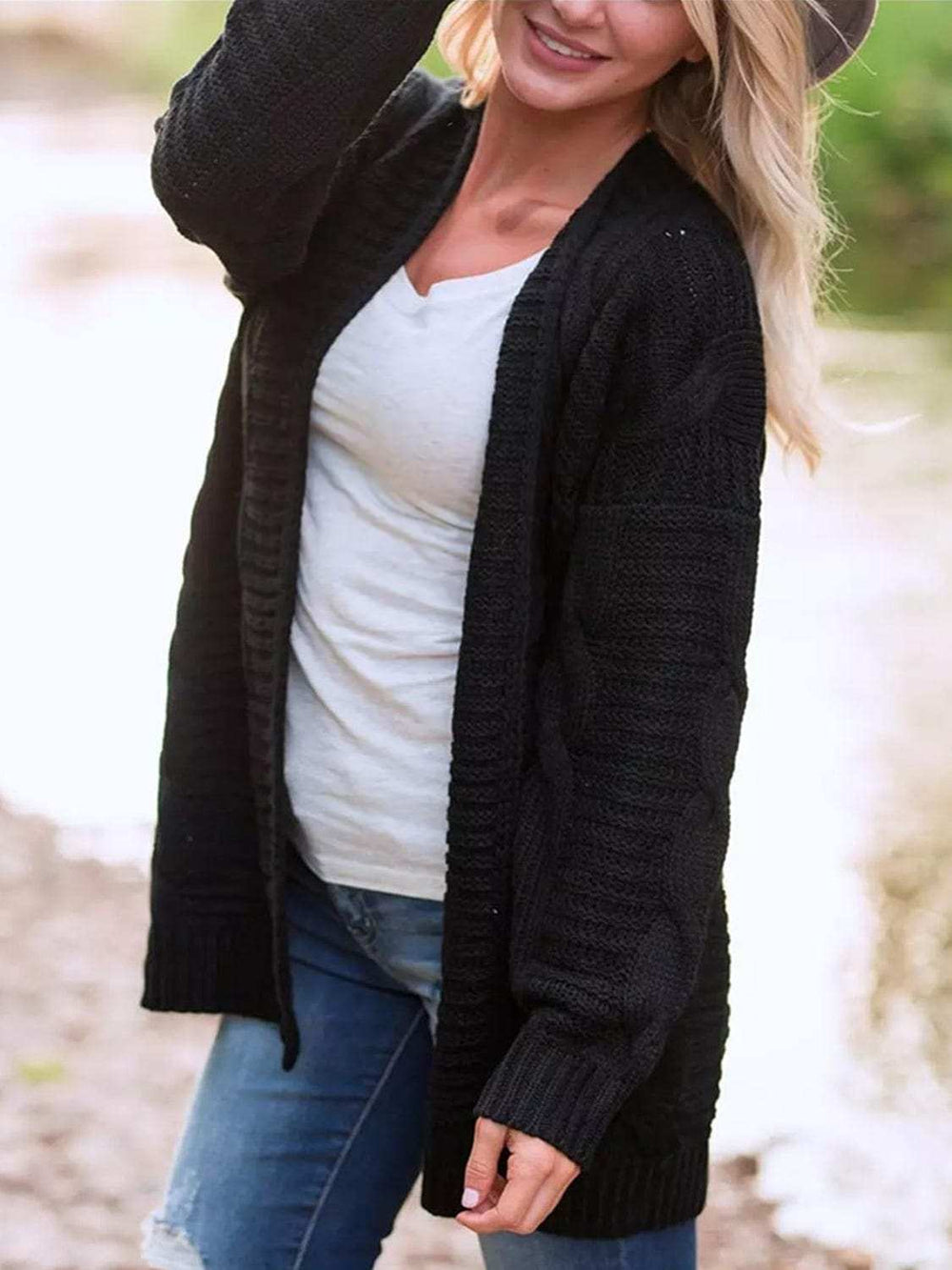 Cable-Knit Open Front Long Sleeve Cardigan - Trendsi - Flyclothing LLC
