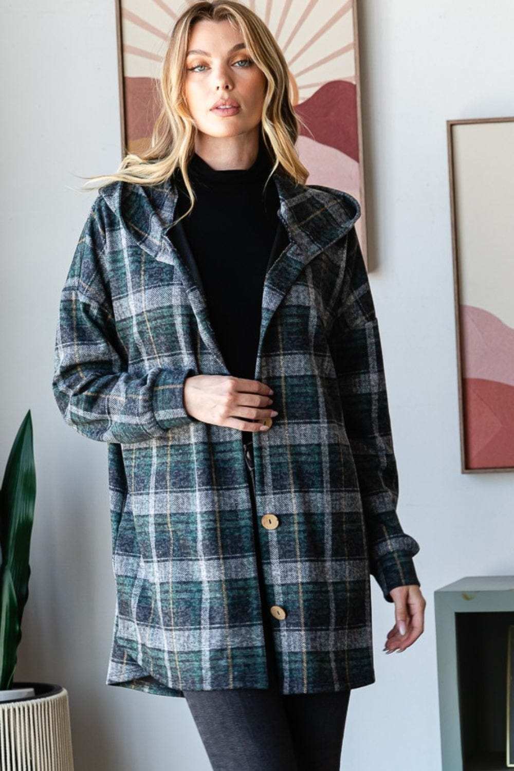 Heimish Plaid Button Down Long Sleeve Hooded Cardigan - Trendsi - Flyclothing LLC