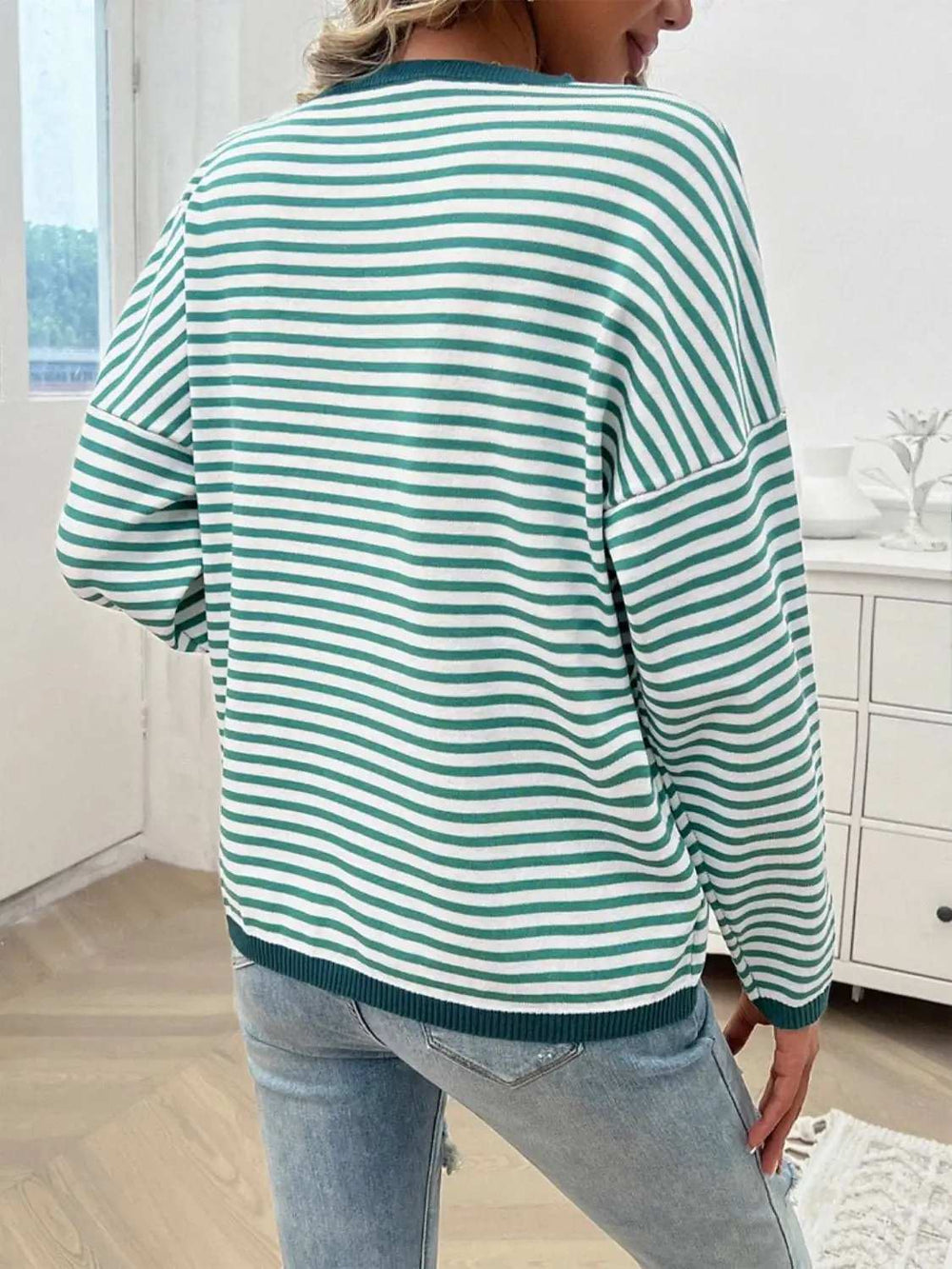Striped Round Neck Dropped Shoulder Sweater - Trendsi - Flyclothing LLC