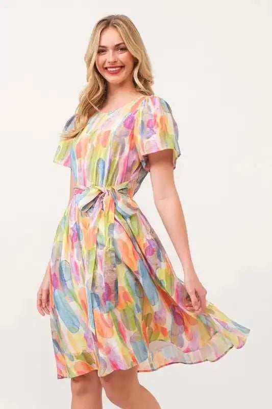 Lime 'N' Chili Watercolor Print Tie Front Midi Dress - Trendsi - Flyclothing LLC