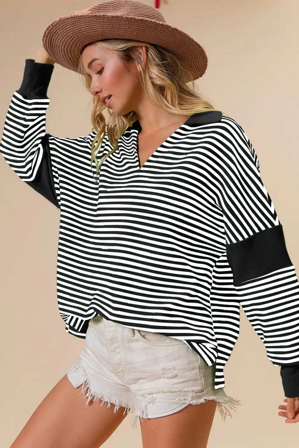 BiBi Striped Contrast Long Sleeve Knit Top - Trendsi - Flyclothing LLC