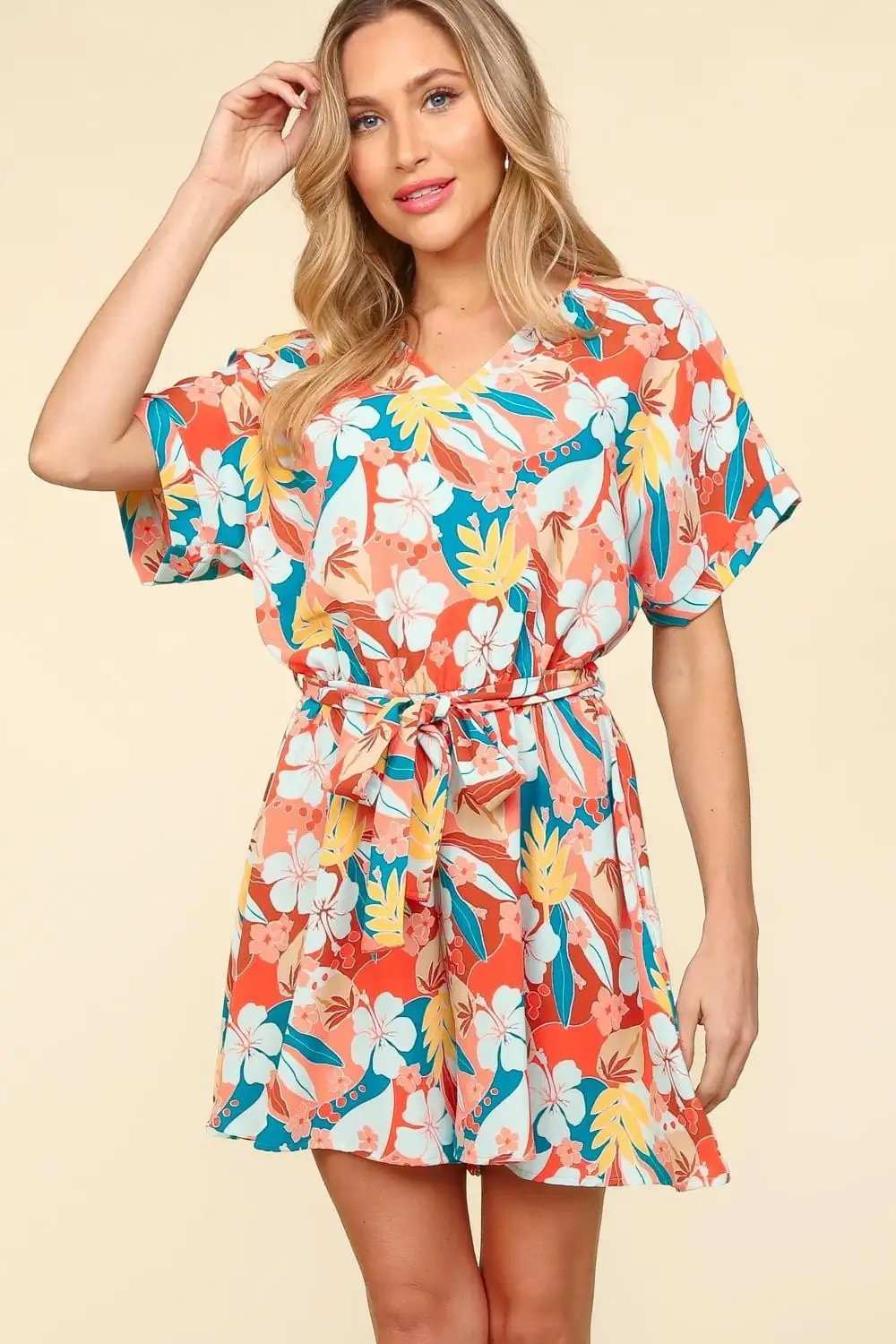 Haptics Tropical Floral Short Sleeve Tied Romper - Trendsi - Flyclothing LLC