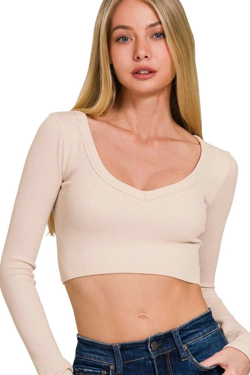 Zenana Seamless Fitted Rib V-neck Long Sleeve Crop Top - Trendsi - Flyclothing LLC