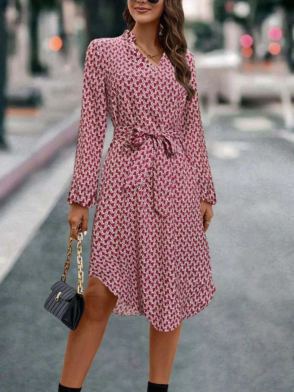 Tied Printed Notched Balloon Sleeve Dress - Trendsi - Flyclothing LLC